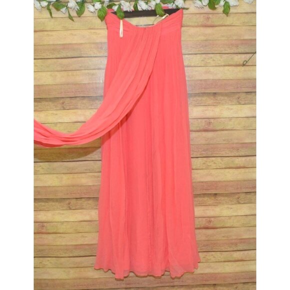 Halston Heritage Chiffon Peach Maxi Dress Womens 2 Silk Strapless Evening Prom - Picture 8 of 12